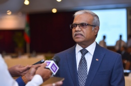 Foreign Minister Dr Mohamed Asim speaks to reporters about the Maldives-EU Policy Dialogue 2017. PHOTO: HUSSAIN WAHEED/MIHAARU