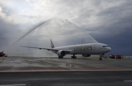An Emirates aircraft greeted with a water salute as it lands at VIA on May 24 2017, marking 30 years of operations to the Maldives. PHOTO/MACL