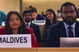 Permanent Representative of the Maldives to the UN, Dr Hala Hameed (L) at the 35th session of the UN Human Rights Council. PHOTO/MALDIVES EMBASSY