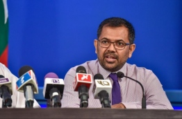 Tourism Minister Moosa Zameer speaks at press conference in President's Office. PHOTO: NISHAN ALI/MIHAARU