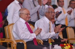 Former President Maumoon (L) sitting with MDP PG leader Ibrahim Mohamed Solih PHOTO: Hussain Waheed/Mihaaru