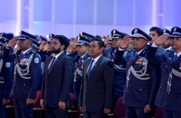 President Abdulla Yameen (C) and Home Minister Ahmed Azleen (L-2) pictured at a Police ceremony. FILE PHOTO/MIHAARU