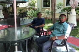 Galolhu South MP Ahmed Mahloof (R) and Hithadhoo Central MP Ibrahim Mohamed Didi pictured inside the parliament premises. PHOTO: AHMED MAHLOOF/TWITTER