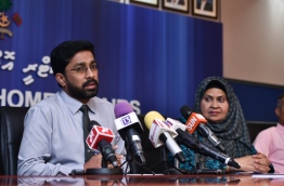 Home Minister Azleen Ahmed speaks at press conference. PHOTO: HUSSAIN WAHEED/MIHAARU