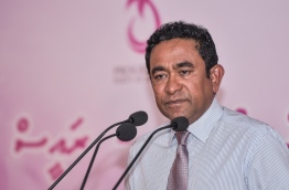 President Abdulla Yameen speaks at PPM ceremony in STELCO. PHOTO: HUSSAIN WAHEED/MIHAARU