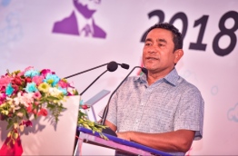 President Yameen speaks at opening ceremony of his campaign hub "Rumaalu 2" for the Presidential Elections 2018. PHOTO: HUSSAIN WAHEED/MIHAARU