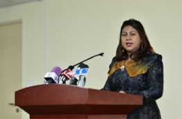 Dr Azeema Adam announces her resignation as the governor of MMA. PHOTO: HUSSAIN WAHEED/MIHAARU
