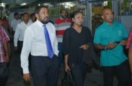 Jumhoory Party leader Qasim Ibrahim (L) with his lawyer Hisaan Hussain outside the Criminal Court after his trial ended. PHOTO: HUSSAIN WAHEED/MIHAARU