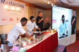 Chef Willment Leong speaks during his Special Masterclass at HIH while Chefs Ahmed Fatheen and Ismail Naseer give a demonstration. PHOTO/BBM