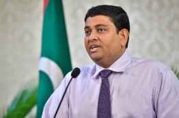 Fisheries Minister Mohamed Shainee speaks at press conference. PHOTO: NISHAN ALI/MIHAARU