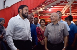 Former president Maumoon Abdul Gayoom (R) with Jumhoory Party's (JP)leader Qasim Ibrahim (L) at a gathering held in JP's official party camp Kunooz. PHOTO / MIHAARU