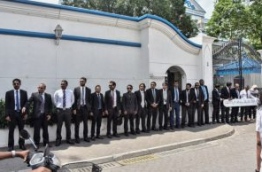 The 50 lawyers who signed the petition lined up in front of the Supreme Court. PHOTO / MIHAARU