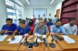 During the press conference held by lawyers who were suspended indefinitely over submitting a petition to the the Supreme Court raising concerns about the Maldivian judiciary. PHOTO: NISHAN ALI/MIHAARU
