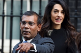 Former President of Maldives Mohamed Nasheed (L) and British lawyer Amal Clooney (R) leave after a meeting with British Prime Minister David Cameron (not pictured) at 10 Downing Street in London, Britain, 23 January 2016. The former president of the Maldives has been granted temporary release from prison to fly to Britain for surgery. EPA/ANDY RAIN