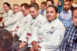 Chef Aminath Shani (R), one of the judges of the International Culinary Challenge at Hotel Asia Exhibition 2017. PHOTO/MIHAARU
