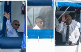L-R: Former President Maumoon Abdul Gayoom, Judge Ali Hameed, and Chief Justice Abdulla Saeed gesture as they are escorted to prison on police speedboats. PHOTO/MIHAARU