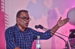 Ruling Progressive Party of Maldives (PPM) Deputy Leader and Fonadhoo MP Abdul Raheem Abdullah speaking at a rally held at the party's main hub in the capital Male. PHOTO / MIHAARU