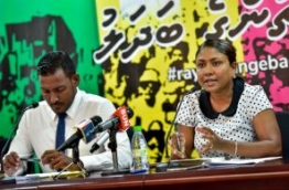 Qasim' s lawyers former Deputy Prosecutor General Hussain Shameem (L) and lawyer Hisaan Hussain (R) speaking at a press conference held at Jumhoory Party's main party hub 'Kunooz' MIHAARU PHOTO / NISHAN ALI