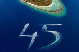 The number '45' written across the ocean surrounding Kurumba Maldives using speedboats, to mark the resort's 45th anniversary on October 3, 2017. PHOTO / KURUMBA MALDIVES