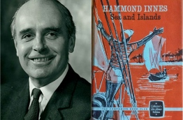 Composite image of Hammond Innes (L) and his travelogue book, "Sea and Islands".