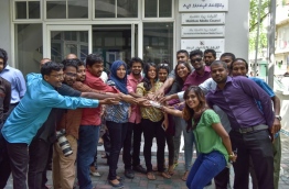 Journalists pictured in front of Maldives Media Council (MMC). PHOTO/MIHAARU