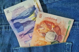MVR100 note depicting a lady in traditional libaas and a MVR 20 note depicting a fisherman. PHOTO/AISHATH NAJ