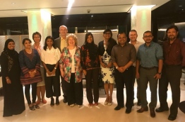Members of the opposition coalition with the European Union delegation that arrived in the Maldives on Sunday, October 29, 2017, outside Hotel Jen in the capital Male --