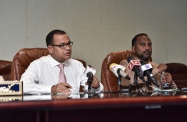 Islamic minister Dr Ziyad Baqir and defence minister Adam Shareef speak at press conference regarding the funds raised for the Rohingya. PHOTO: HUSSAIN WAHEED/MIHAARU