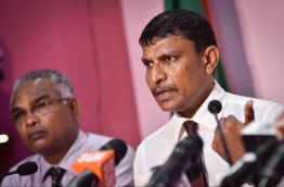 PPM's deputy leader and Vilufushi MP Abdullah Riyaz speaking at a press conference held at PPM headquarters in the capital Male. PHOTO / MIHAARU