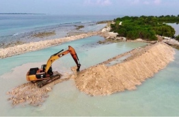 Developing the bund wall around the area to be reclaimed in HDh. Kulhudhuffushi's mangrove swamp. PHOTO/SOCIAL MEDIA