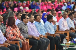 President Abdulla Yameen with his cabinet at the PPM 6th anniversary meeting held in H. Dh. Kulhudhuffushi on November 12, 2017. PHOTO / PRESIDENT'S OFFICE