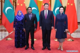 Maldives' president Abdulla Yameen (L-2) and first lady Fathimath Ibrahim (L) pictured with China's president Xi Jinping (R-2) and first lady Peng Liyuan during Yameen's first state visit to China. PHOTO/NEWS.CN