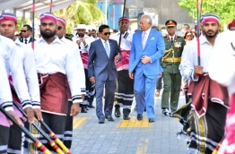 President Abdulla Yameen and Malaysian prime minister Najib Razak during the official welcome ceremony held in front of the Republic Square in Male. PHOTO/PRESIDENT'S OFFICE