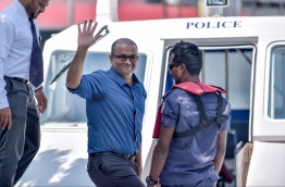 Former VP Ahmed Adheeb escorted back to prison after a court hearing. PHOTO: NISHAN ALI/MIHAARU
