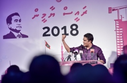 Villimale MP Ahmed Nihan speaking at ruling Progressive Party of Maldives (PPM) campaign hub "Rumaalu 2" on January 07, 2018. MIHAARU PHOTO / NISHAN ALI