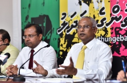 MDP PG's leader (R) Ibu and JP's Deputy Leader Riyaz in Monday's new conference
