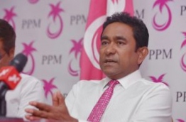 President Abdulla Yameen speaks at PPM press conference. PHOTO: HUSSAIN WAHEED/MIHAARU