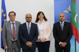 Maldives' special delegate to the European Union (EU) Ahmed Shian (R) with the Minister of Foreign Affairs Dr Mohamed Asim (Middle) and foreign delegates. / MIHAARU FILE PHOTO