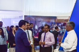 Tourism minister Moosa Zameer at a special forum held at the National Art Gallery on the "Cross Roads" integrated resort project in Enboodhoo lagoon. PHOTO: HUSSAIN WAHEED/MIHAARU