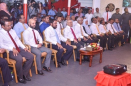 Qasim Ibrahim (L-3) with other opposition leaders at a joint opposition rally at Jumhoory Party's main hub. PHOTO/MIHAARU