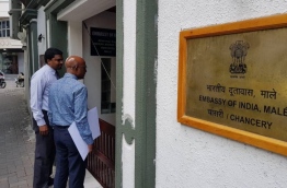 The secretary-generals of opposition Jumhoory Party and Maldivian Democratic Party at the Embassy of India to deliver a letter on behalf of the opposition leaders, addressed to Indian Prime Minister Modi --