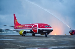 Coca Cola's special jet for the World Cup Trophy Tour is welcomed with a water salute as it lands in Velana International Airport. PHOTO: NISHAN ALI/MIHAARU