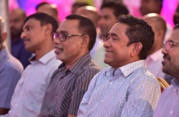 President Abdulla Yameen pictured with members of the PPM leadership at a ruling party rally. PHOTO: NISHAN ALI/MIHAARU