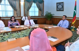 Minister of Legal Affairs of the President's Office, Azima Shakoor (L), pictured at a cabinet meeting with President Abdulla Yameen (R). PHOTO: NISHAN ALI/MIHAARU