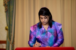 Prosecutor General Aishath Bisam signing her letter of appointment. PHOTO/PRESIDENT'S OFFICE