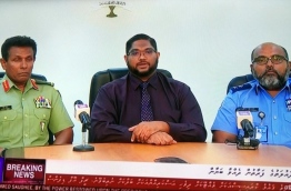 Attorney General Mohamed Anil gives joint statement with Chief of Defence Force Major General Ahmed Shiyam and the acting Commissioner of Police Abdulla Nawaz on PSM.