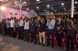 Ministers and PPM supporters during a ruling party rally. PHOTO: HUSSAIN WAHEED/MIHAARU