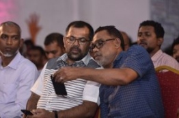 PPM deputy leader Abdul Raheem Abdulla R) with tourism minister Moosa Zameer at a ruling party rally. PHOTO: HUSSAIN WAHEED/MIHAARU
