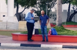 Dhiggaru MP Faris Maumoon (R) with his lawyer Maumoon Hameed in capital Male after the former was released from Dhoonidhoo Detention Centre on February 6, 2018. PHOTO/SOCIAL MEDIA