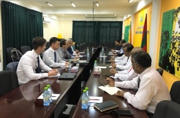 The EU delegation meeting with Maldives' opposition at Maldivian Democratic Party's (MDP) main office in the capital Male --